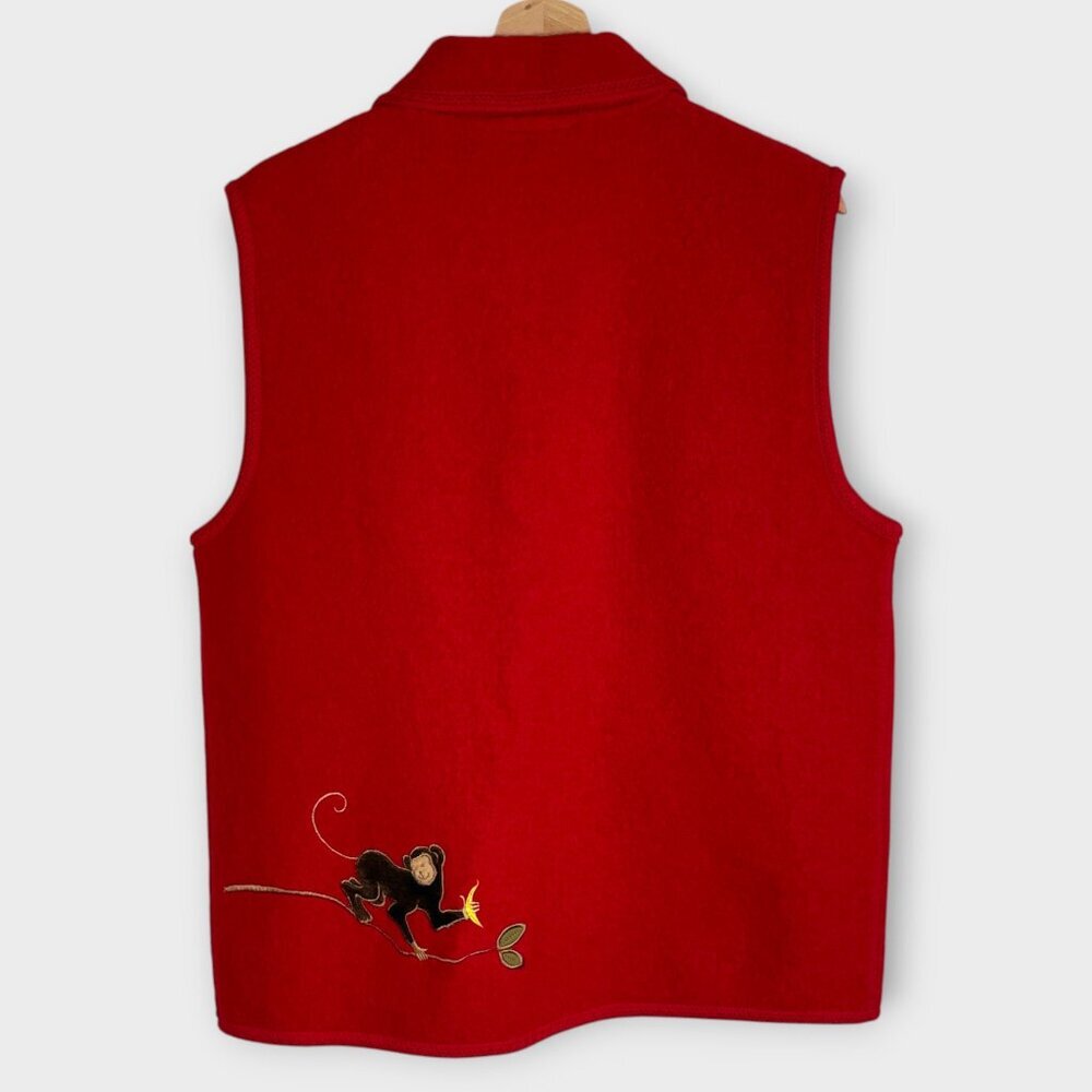 Lisa International 100% Boiled Wool Vest 1X Red Monkey Theme EUC - Picture 2 of 11